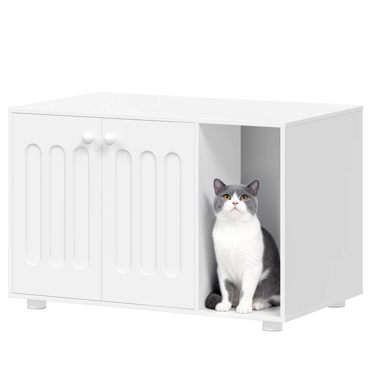 Meuble Litière Chat Blanc sur Pieds - Moka
