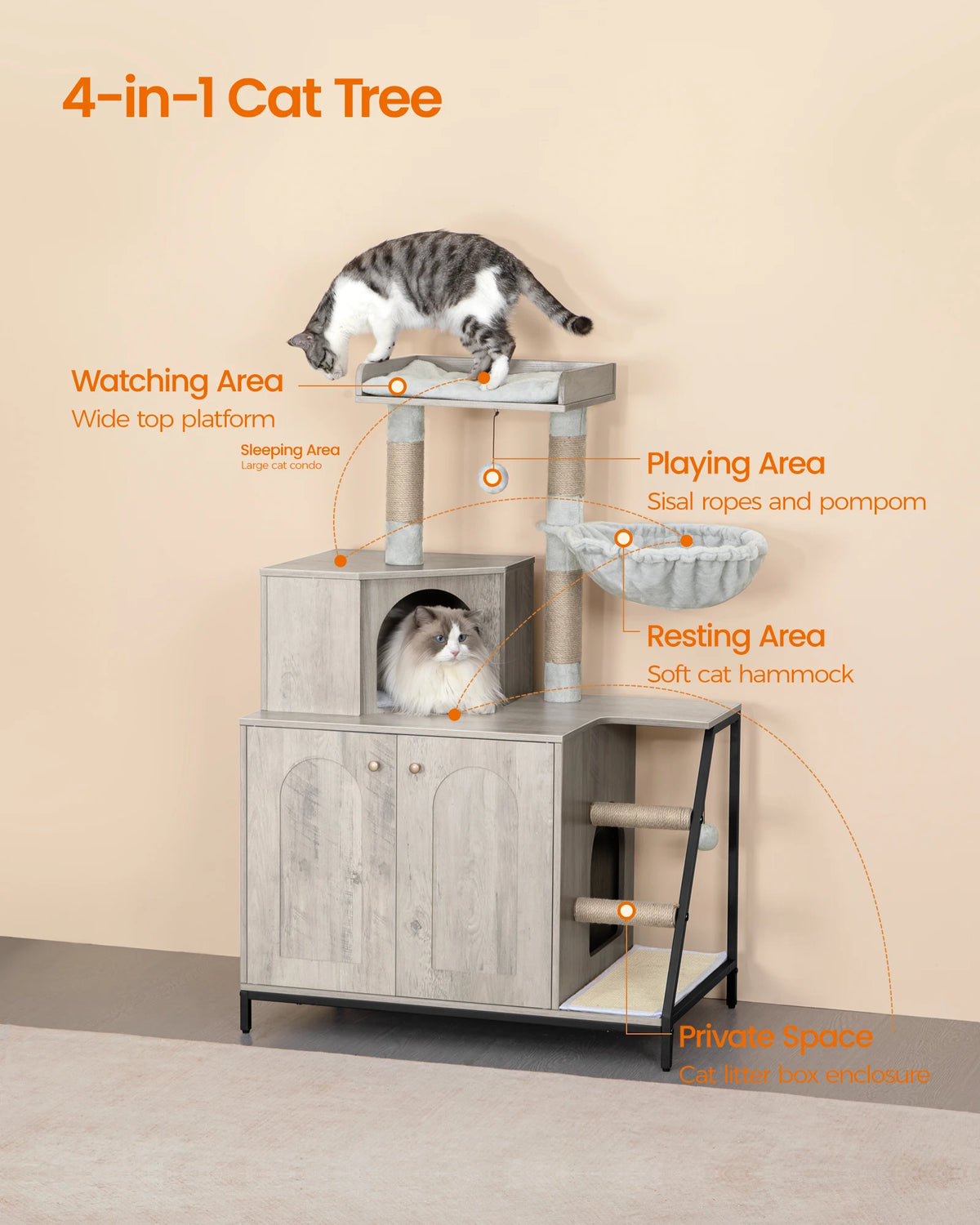 Arbre à Chat avec Meuble Litière 4-en-1 – vue 2