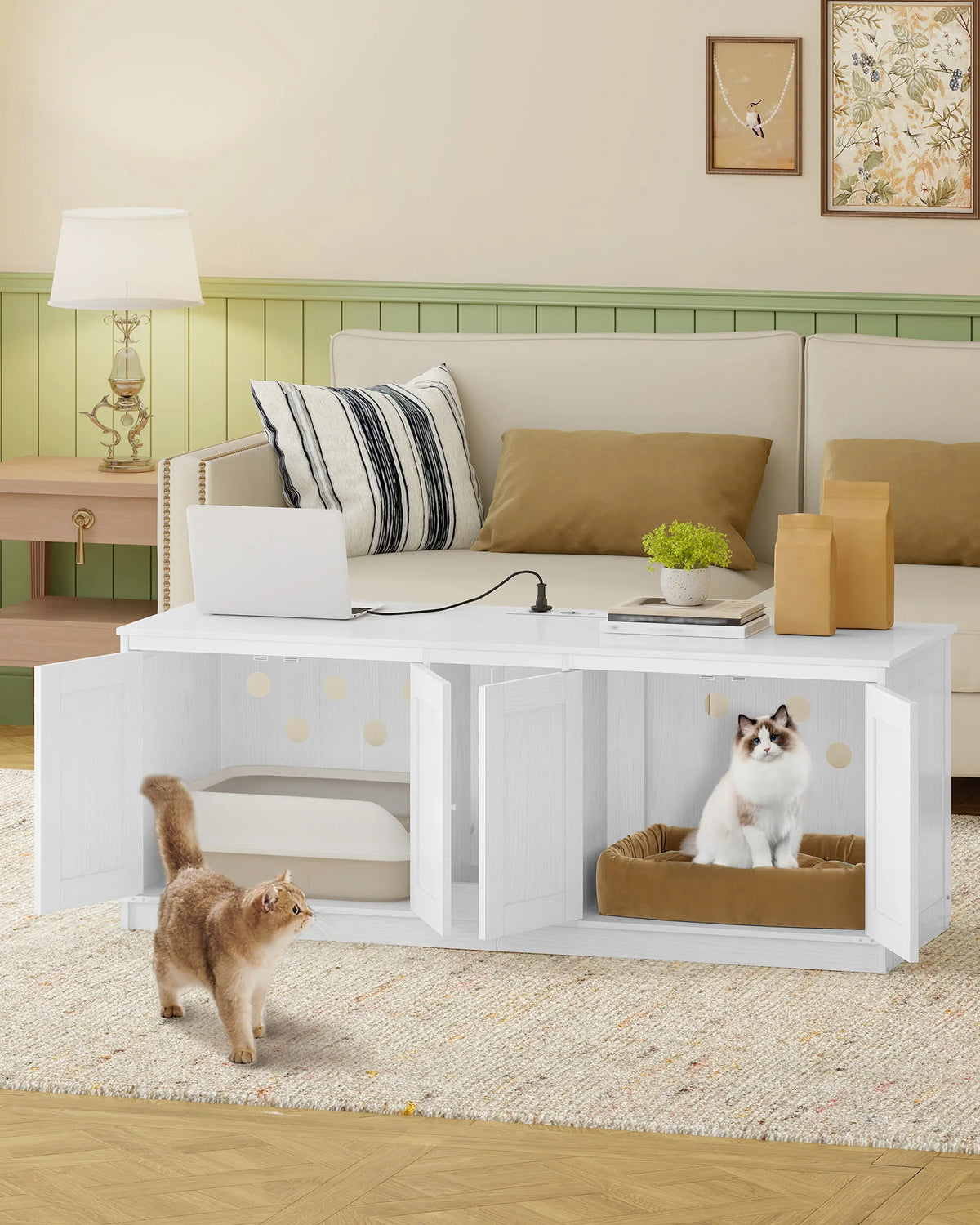 Meuble Litière 2 Chats avec Multiprise USB